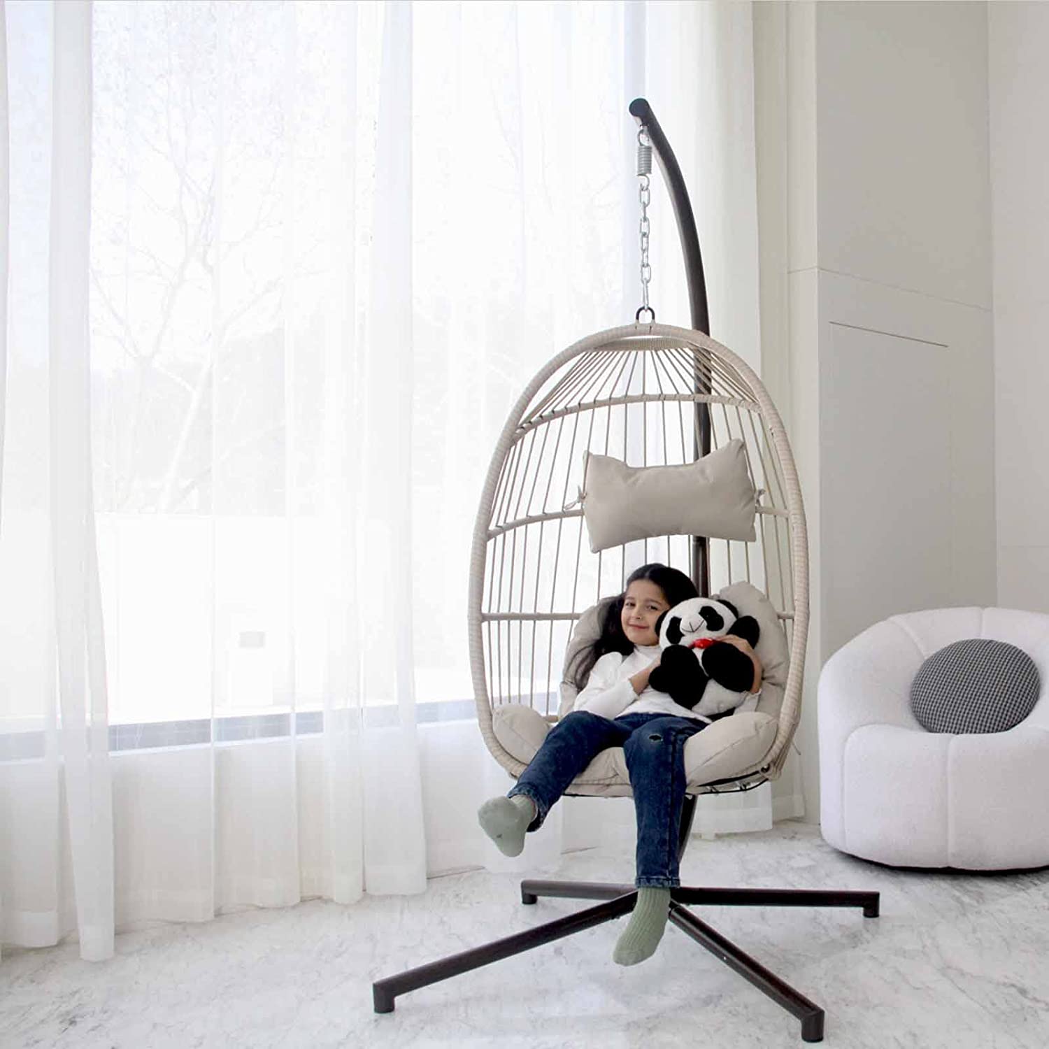 Swing Egg Chair Without Stand Indoor Outdoor Wicker Rattan Patio Basket Hanging Chair with UV Resistant Cushions 265lbs Capaticy for Bedroom Balcony Patio (Without Stand)