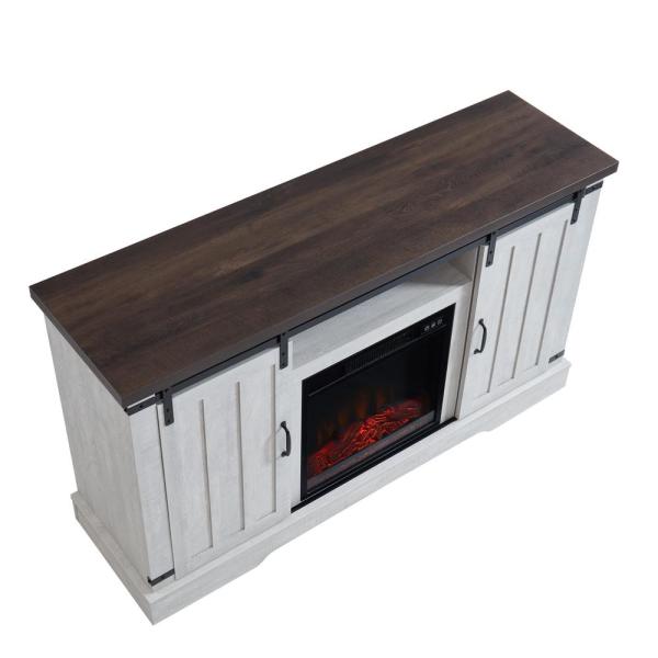 54 in. Freestanding Media Console Electric Fireplace TV Stand with Sliding Barn Door in Stone Gray