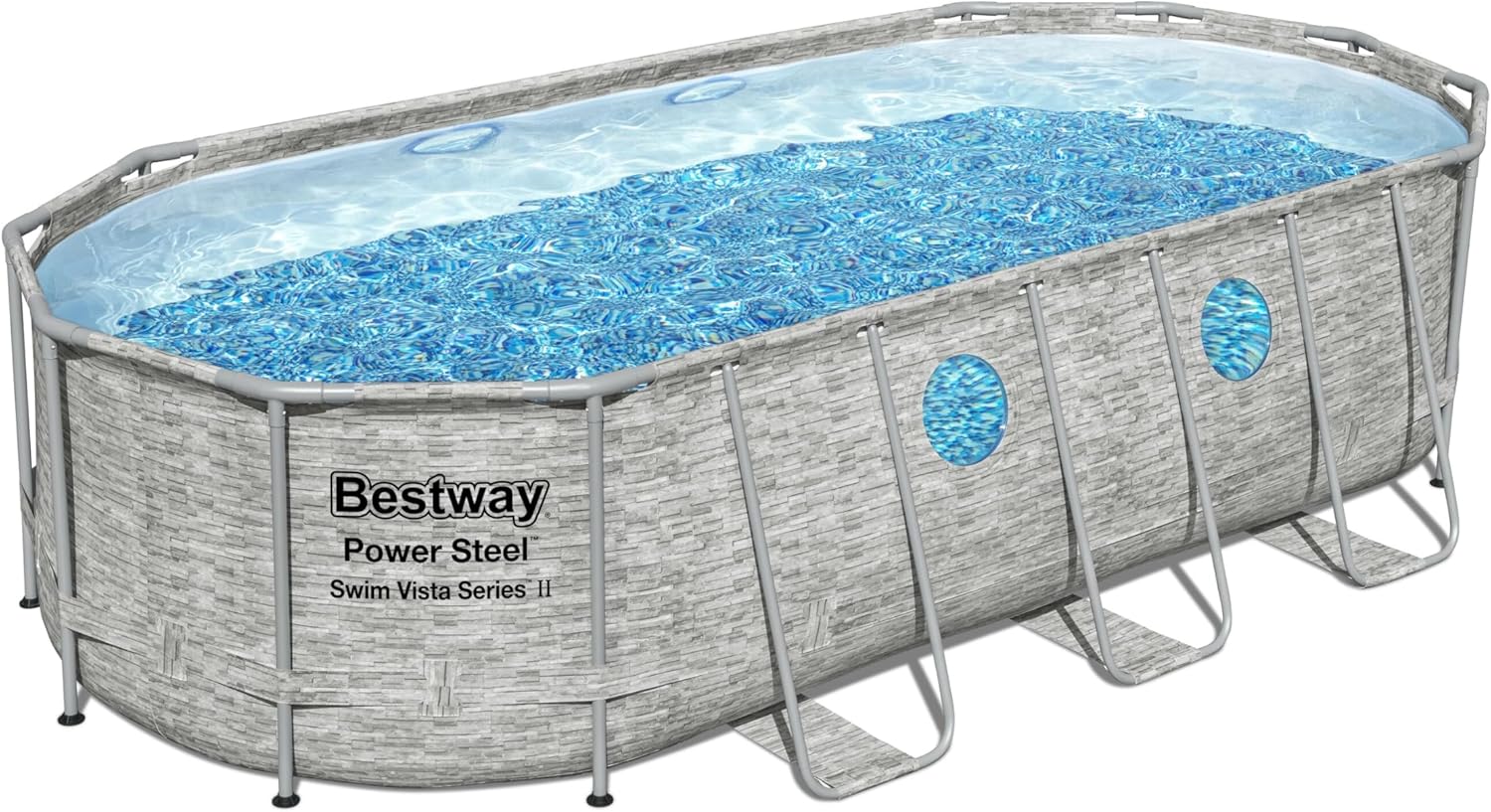 Bestway 56946 Piscine Power Steel™ Swim Vista ovale 488 x 305 x 107 cm motif rotin avec hublots, filtration à sable, échelle, bâche et diffuseur Chemconnect™