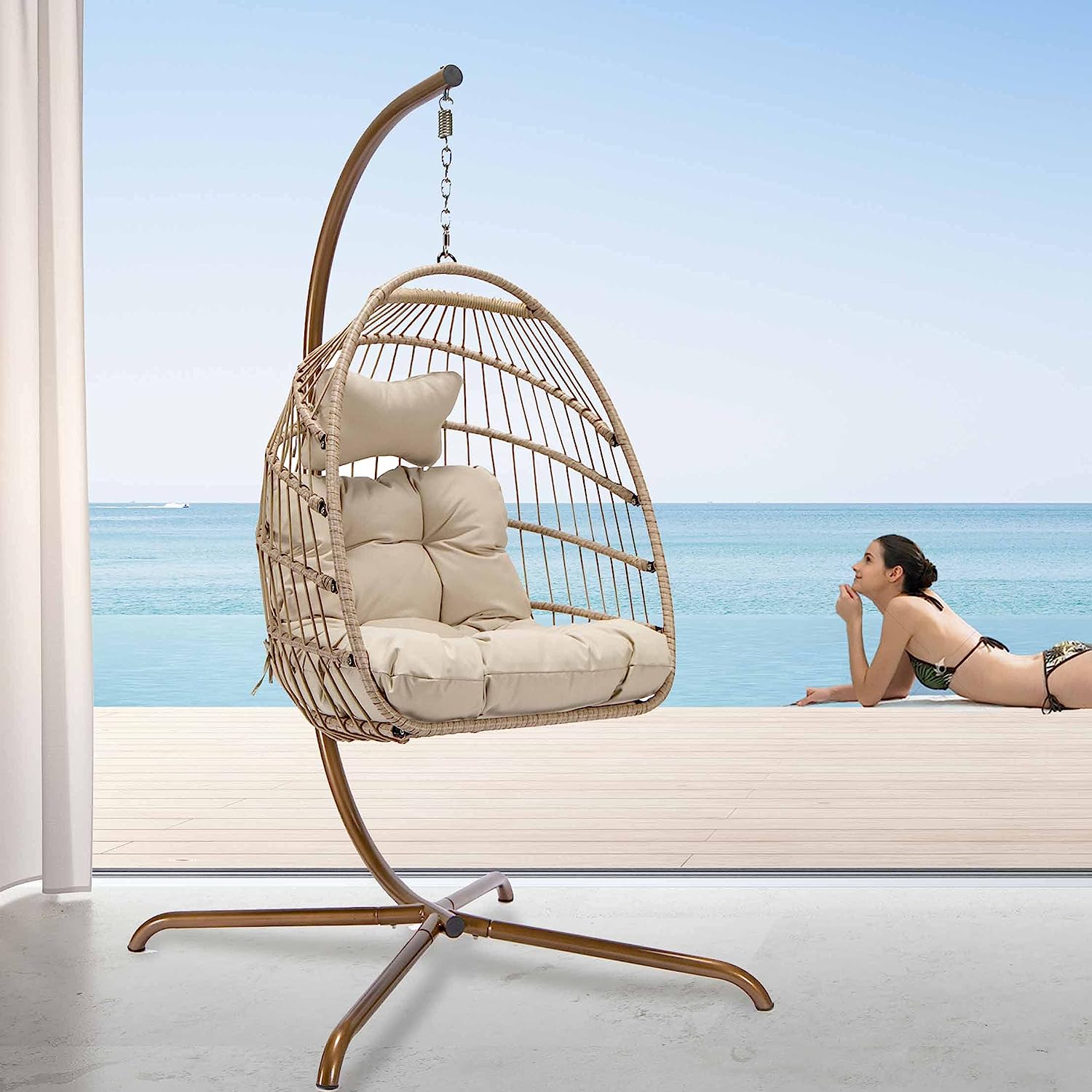 RADIATA Double Egg Chair with Stand Luxury Outdoor Patio Wicker Loveseat Hanging Swing Egg Chairs with Resistant Cushions Metal Frame 500 lbs Capaticy for 2 Persons Patio Backyard Balcony