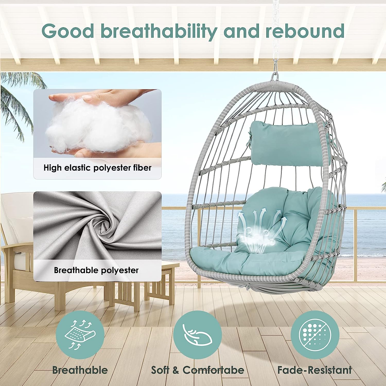 Hanging Egg Chair Without Stand - Foldable Indoor Outdoor Wicker Rattan Swing Egg Chair with Hanging Chain Hammock Chair - UV Resistant Cushions & Aluminum Frame for Bedroom Patio Camping (Grey)