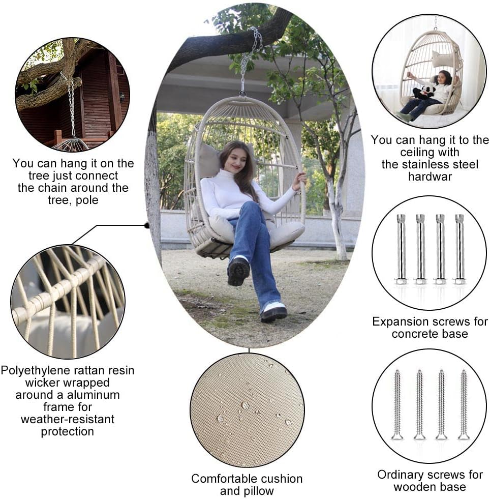 NICESOUL® Indoor Outdoor Patio Wicker Hanging Chair Swing Egg Basket Chairs with Stand UV Resistant Cushions 350lbs Capaticy for Patio Backyard Balcony Xmas Gift