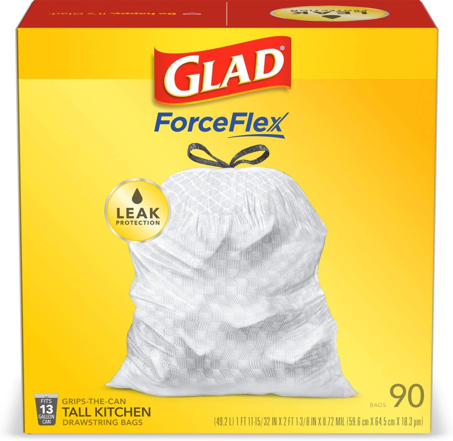 GLAD ForceFlex Tall Drawstring Trash Bags, 13 Gallon White Trash Bags for Tall Kitchen Trash Can, Unscented Leak Protection Bags, 120 Count - Packaging May Vary