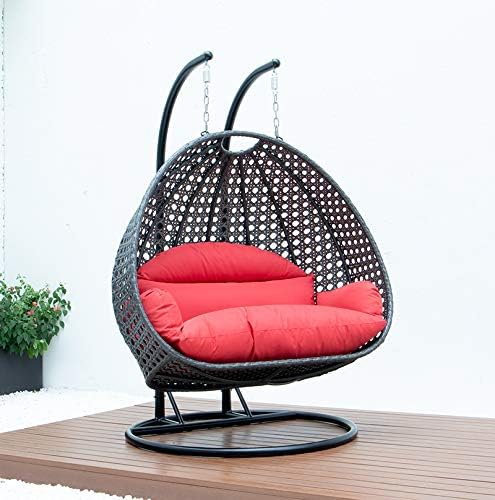 LeisureMod 2 Person Hanging Double Swing Chair, X-Large Wicker Rattan Egg Chair with Stand and Cushion for Indoor Outdoor Patio Garden (Light Green)