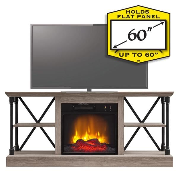 58.25 in. Industrial Open Architecture Media Electric Fireplace in Bleached Gray