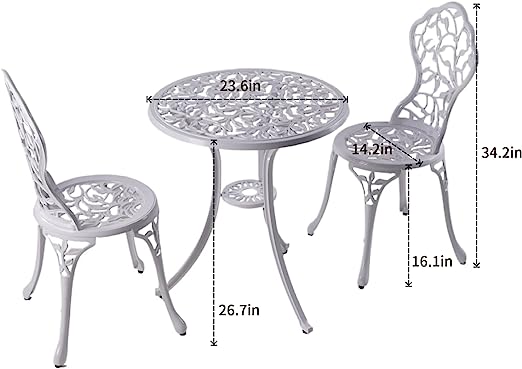 Sets 3 Piece cast Aluminum Patio Furniture Outdoor Garden Metal Rust Proof Tables and Chairs White bisrto Set (Leaf-White)