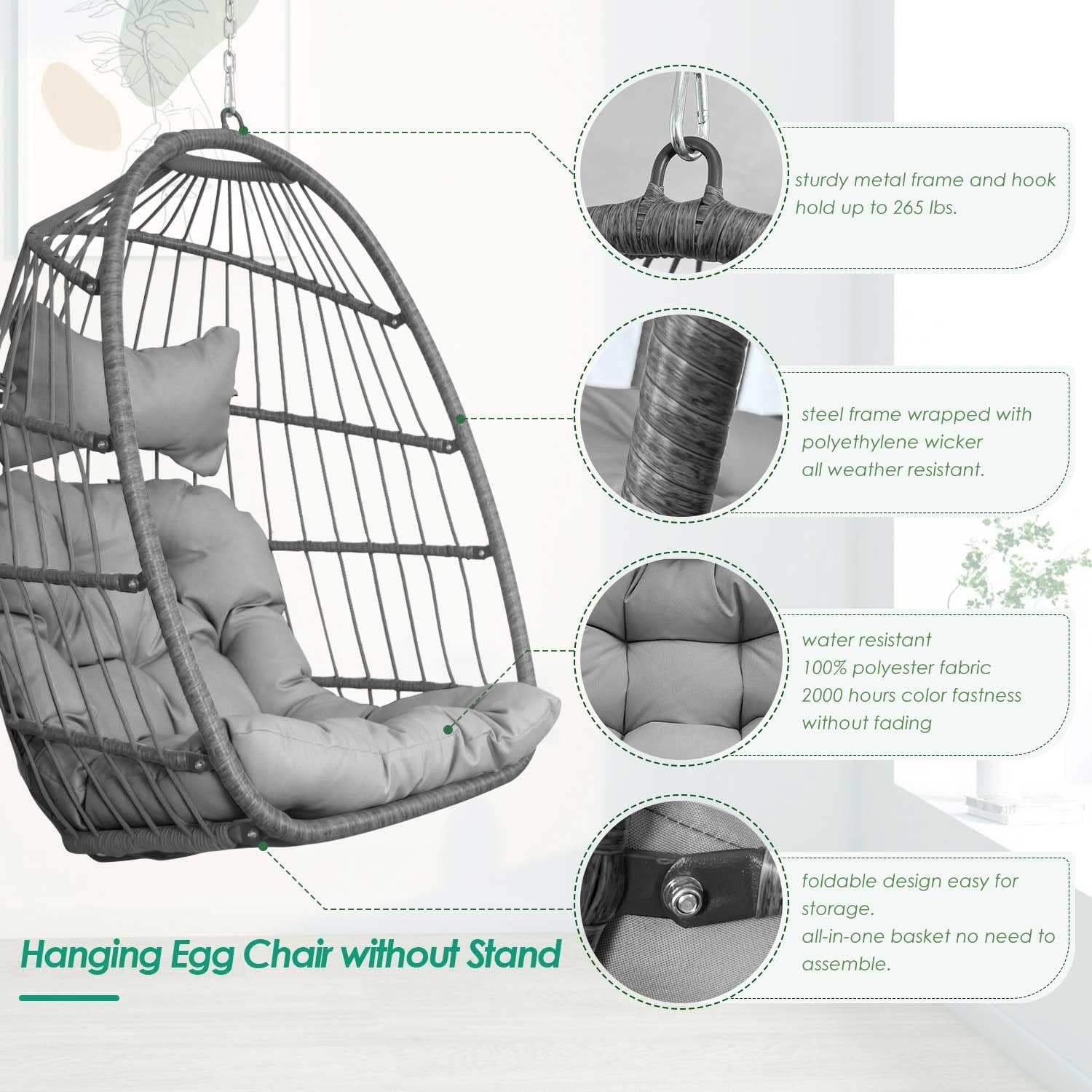 NICESOUL Hanging Egg Chair Without Stand PE Wicker Swing Hammock Egg Basket Ceiling Chairs with Cushions 265lbs Capaticy for Bedroom Living Room Patio Backyard Balcony (Brown)
