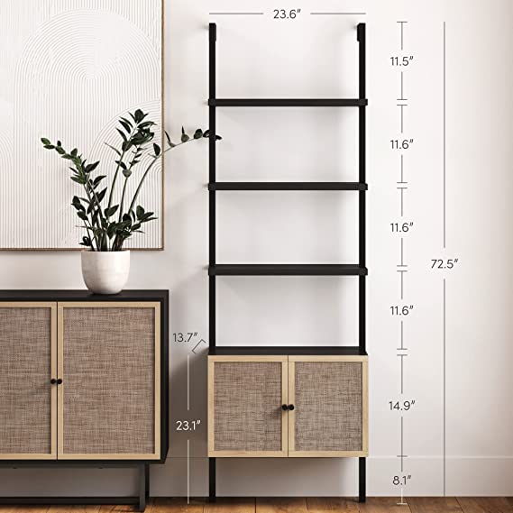 Nathan James Theo Modern Bookcase with Rattan Cabinet in Matte Black and Light Oak Finish with Matte Black Metal Frame for Living Room, Home Office Storage