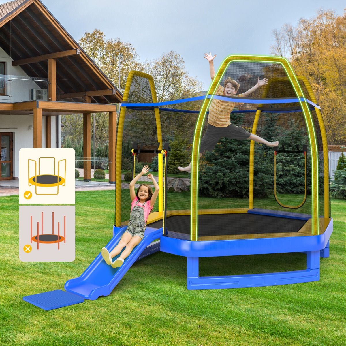 Trampoline Extérieur Ø 223cm avec Toboggan&Echelle avec Filet de Sécurité 2 Portes en U Charge 270kg pour 2-3 Enfants de 3 Ans+ Bleu/Vert