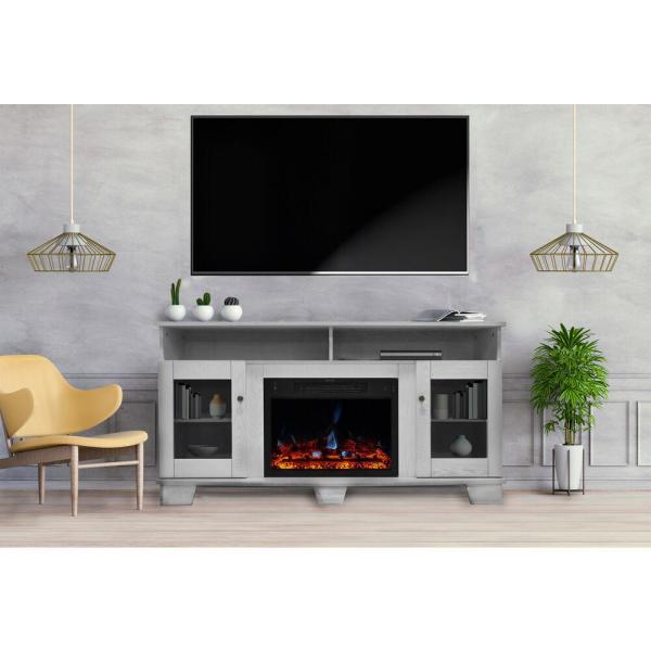 Savona 59 in. Electric Fireplace Heater TV Stand in White with Enhanced Log Display and Remote