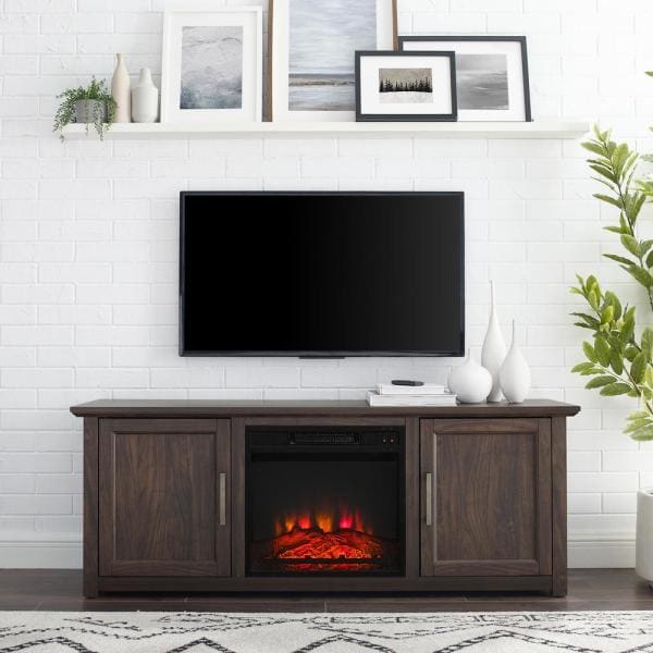 Camden Dark Walnut 58 in. Low Profile TV Stand with Fireplace Fits 60 in. TV with Cable Management