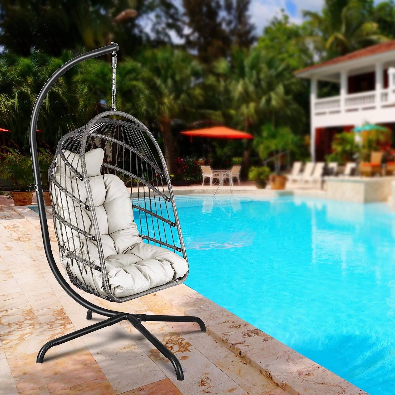 Chihee Egg Chair Foldable Wicker Rattan Hanging Chair Swing Chair Indoor Outdoor Patio Wicker Chair Hammock Chair with Stainless Steel Hanging Kit Chain Link UV Resistant Cushion Bedroom Balcony