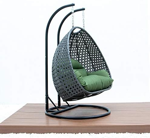 LeisureMod 2 Person Hanging Double Swing Chair, X-Large Wicker Rattan Egg Chair with Stand and Cushion for Indoor Outdoor Patio Garden (Light Green)