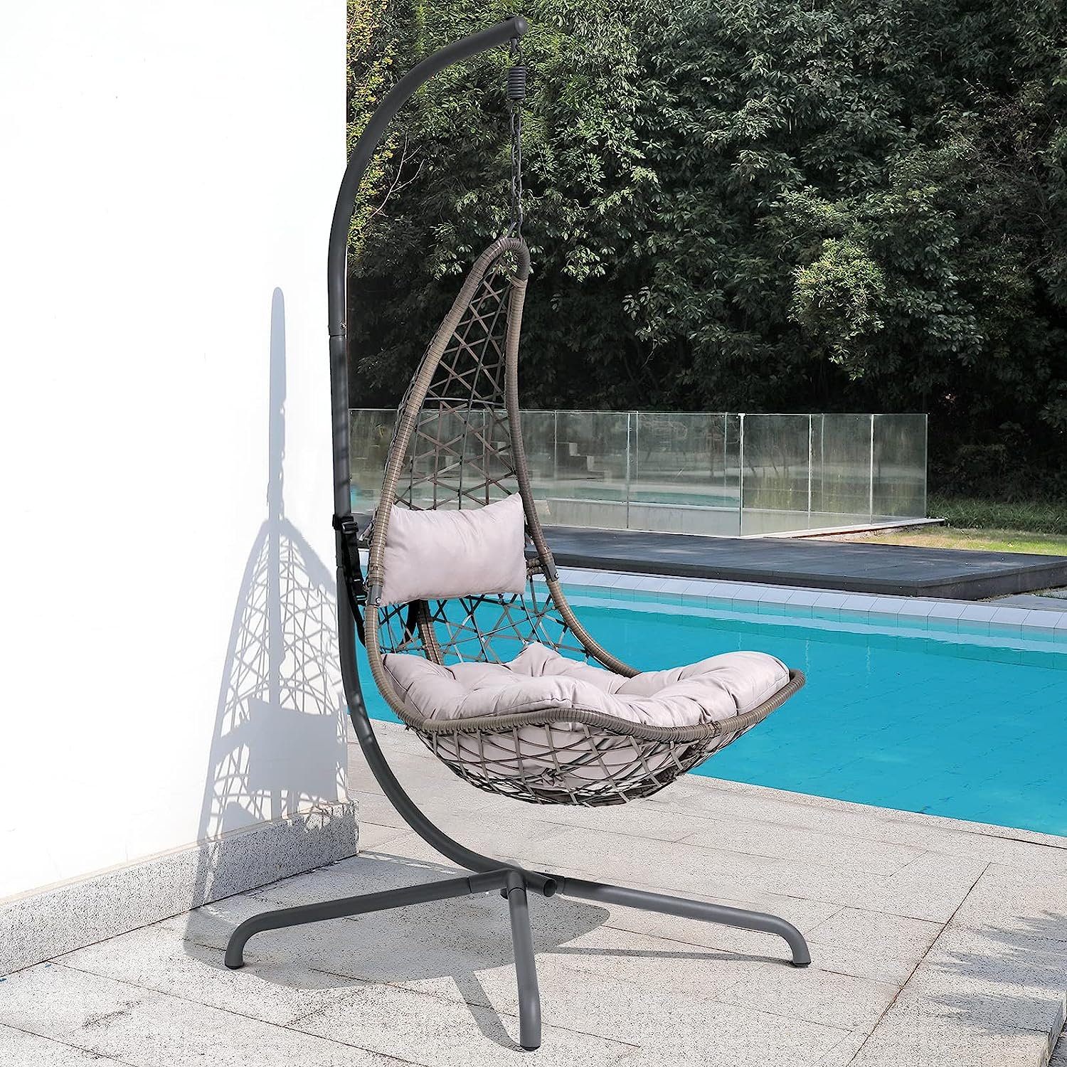 SUNSITT Swing Egg Chair Outdoor Indoor Wicker Hammock Hanging Chair Patio Lounge Chair with Stand and Cushions for Balcony, Deck, Bedroom, Grey Wicker