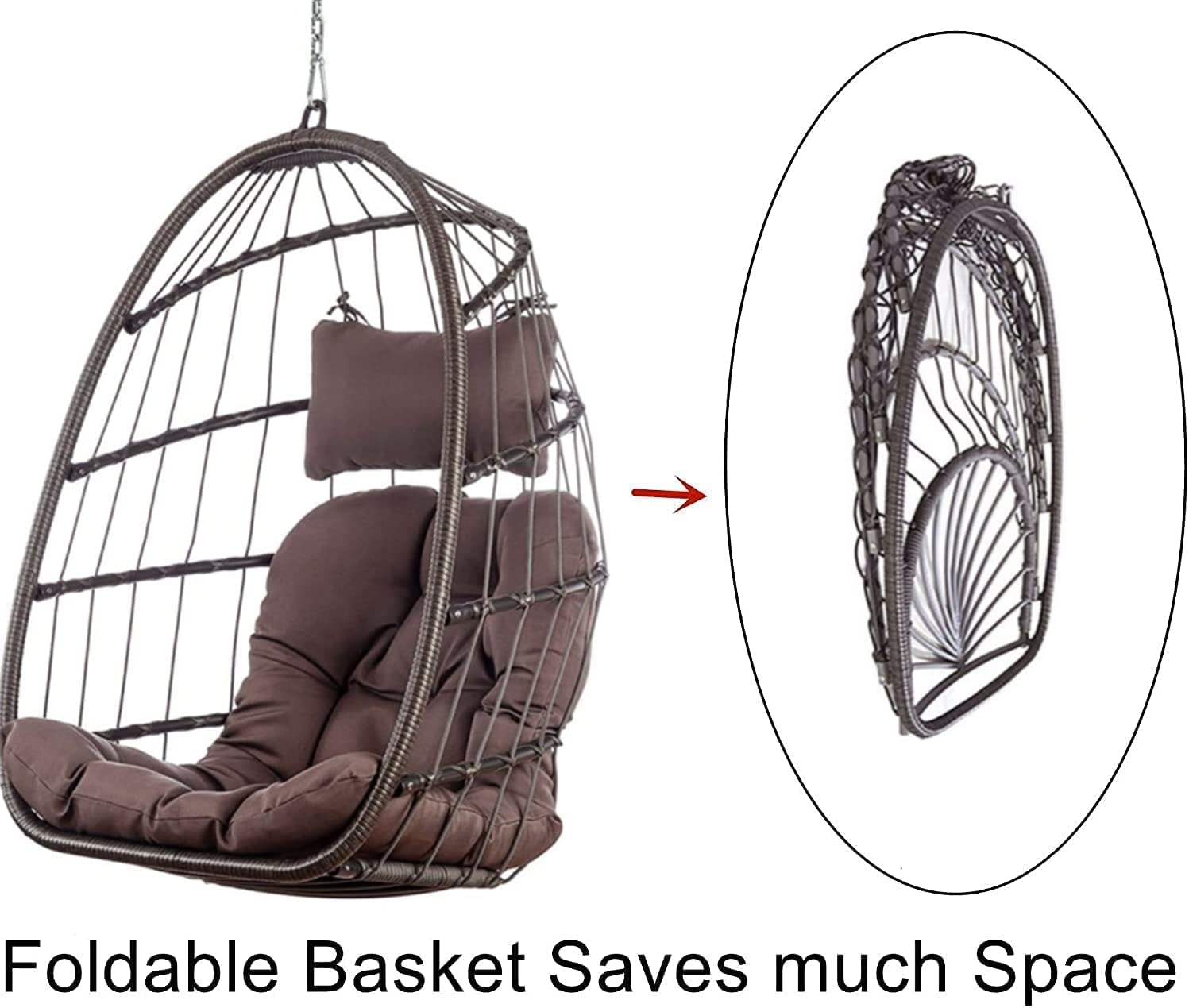 Mojia Patio Wicker Hanging Egg Swing Chair with Stand, Hammock Egg Chairs Foldable UV Resistant Cushions 440lbs Capaticy (Gray)