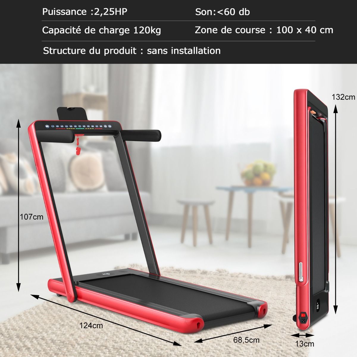 Tapis de Course Pliable 0,75HP Double Affichage LED APP et Télécommande Vitesse Motorisé 12 km/h Surface 40x100cm Rouge