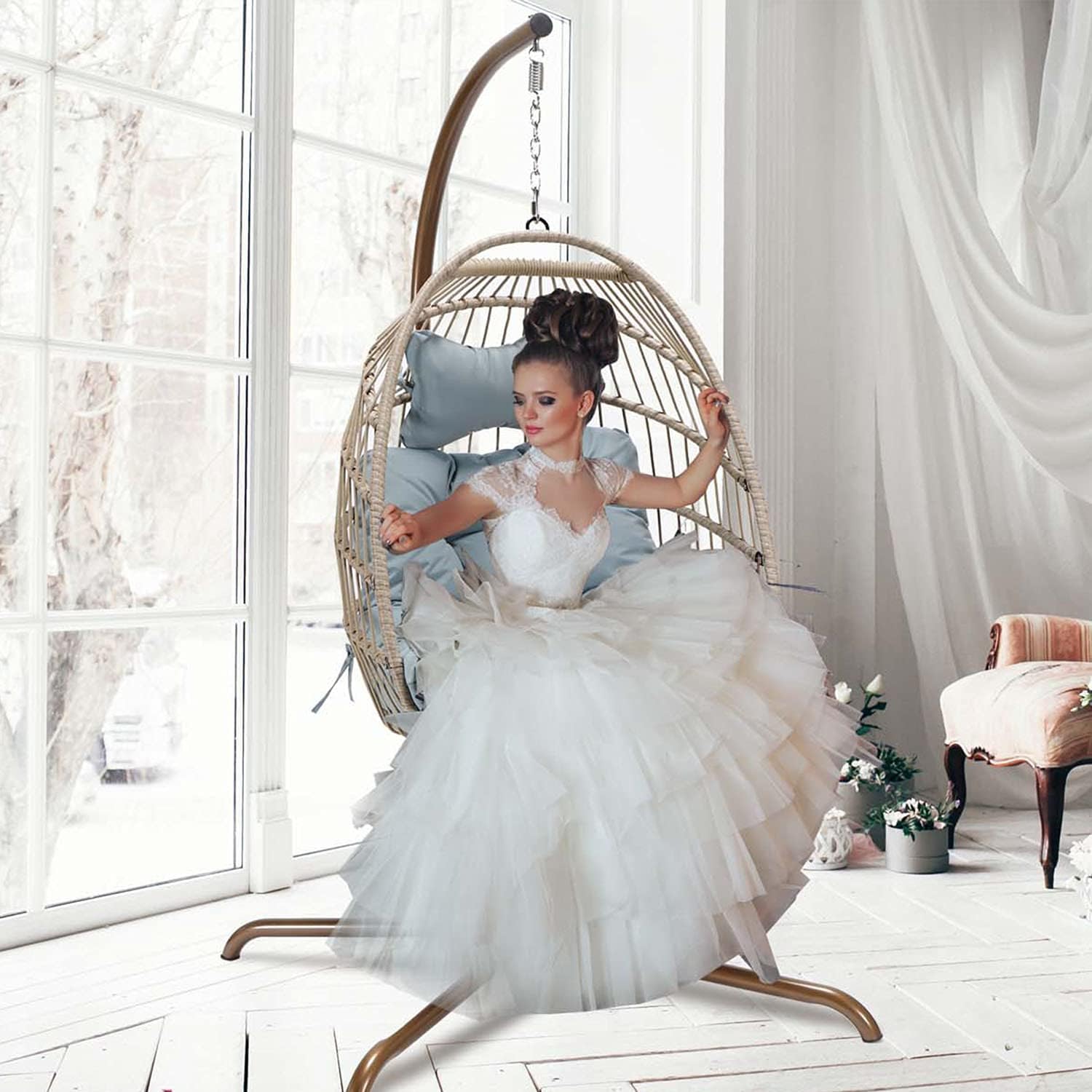 Swing Egg Chair Without Stand Indoor Outdoor Wicker Rattan Patio Basket Hanging Chair with UV Resistant Cushions 265lbs Capaticy for Bedroom Balcony Patio (Without Stand)