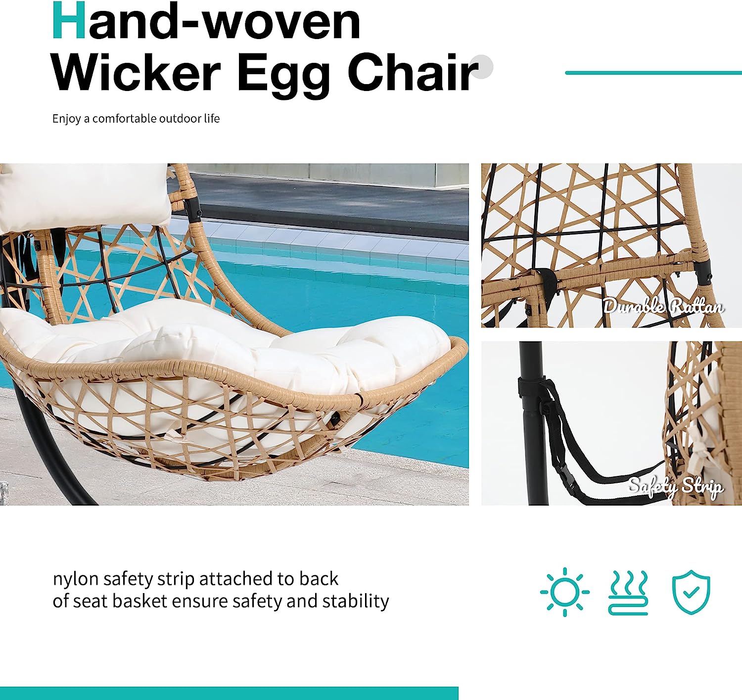 SUNSITT Swing Egg Chair Outdoor Indoor Wicker Hammock Hanging Chair Patio Lounge Chair with Stand and Cushions for Balcony, Deck, Bedroom, Grey Wicker