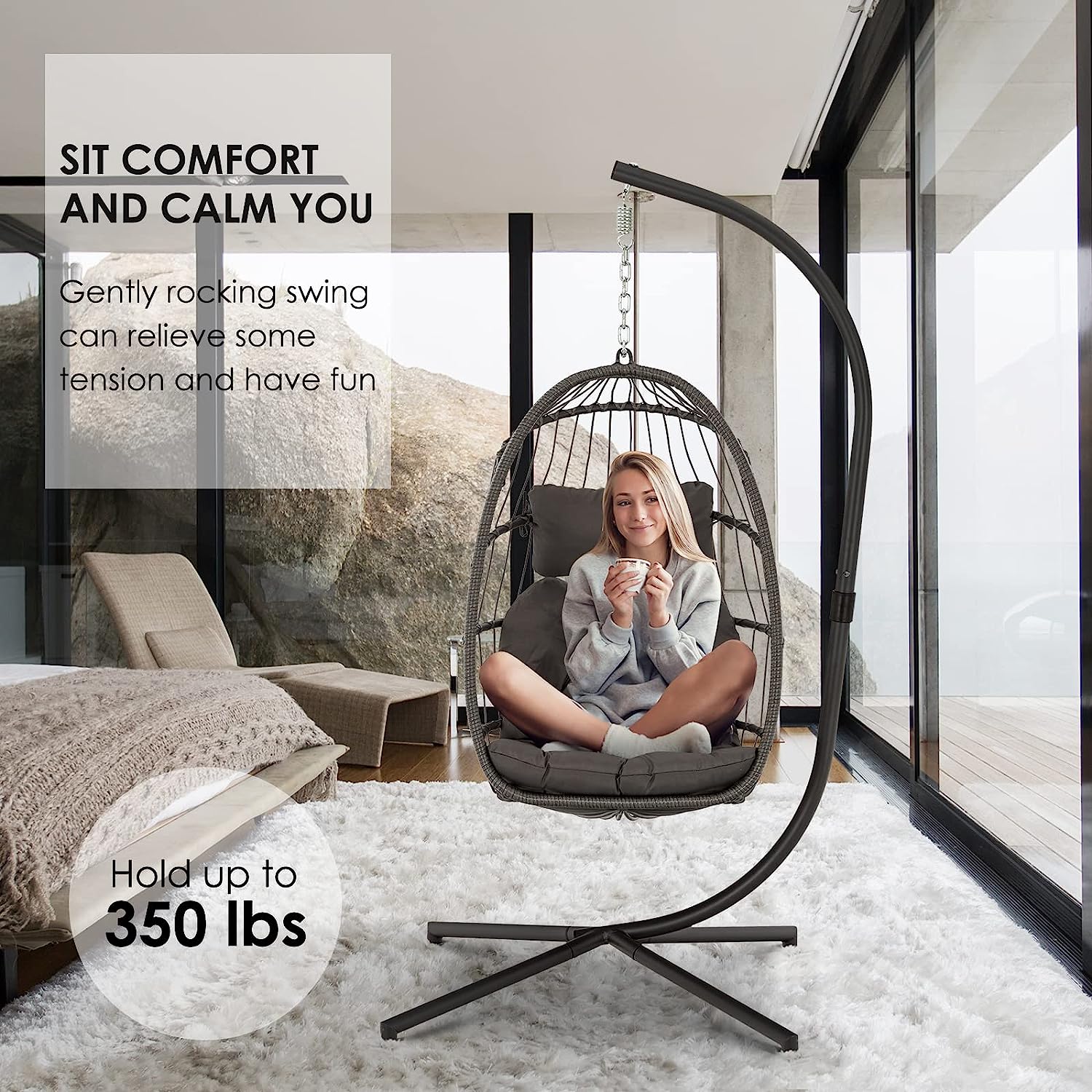 Brafab Swing Egg Chair, Hammock Chair, Hanging Chair, Aluminum Frame and UV Resistant Cushion with Steel Stand, Indoor Outdoor Patio Porch Lounge Bedroom Hand Made Wicker Rattan Chair, 350LBS Capacity