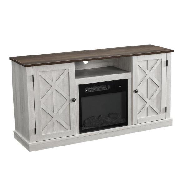 54 in. Saw Cut-Off White TV Stand for TVs up to 60 in. with Electric Fireplace