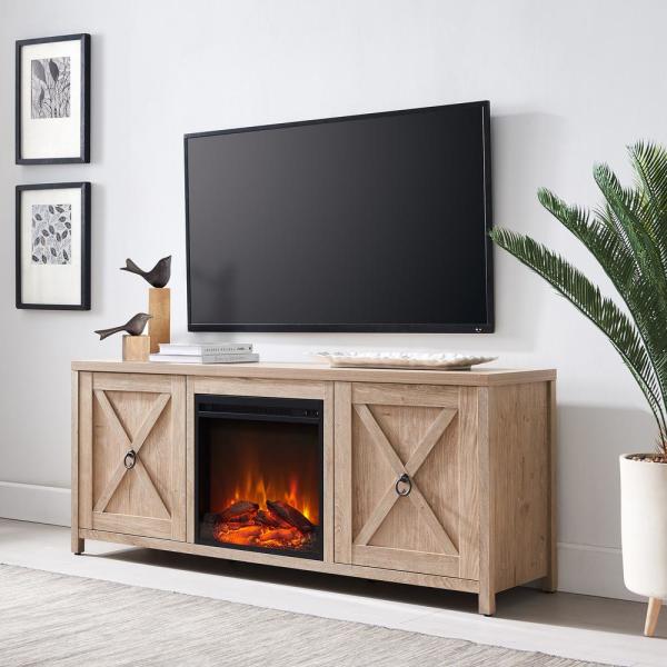 Granger 58 in. White Oak TV Stand with Log Fireplace Insert