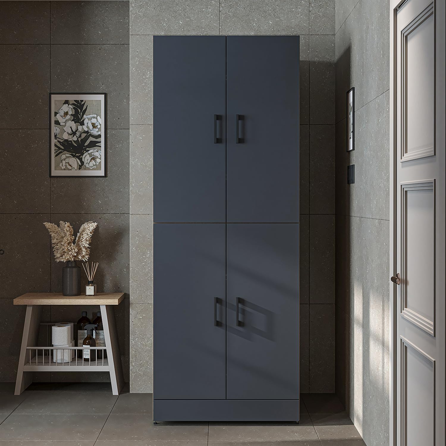 ROOMART Dora Armoire de machine à laver, pour sèche-linge et machine à laver, en 4 couleurs, avec portes et planche coulissante (chêne anthracite)