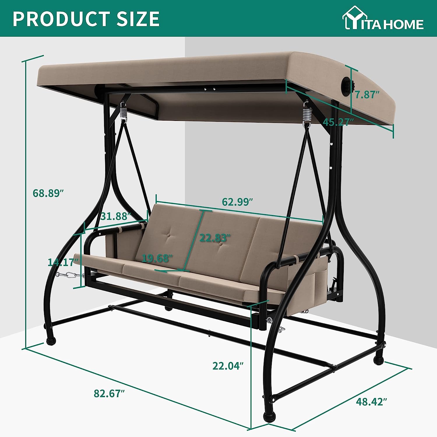 YITAHOME Porch Swing Bed 3-Seats Outdoor Patio Swing Heavy Duty Swing Chair with Adjustable Canopy Removable Cushion, Suitable for Adult in Garden, Poolside, Balcony, Brown