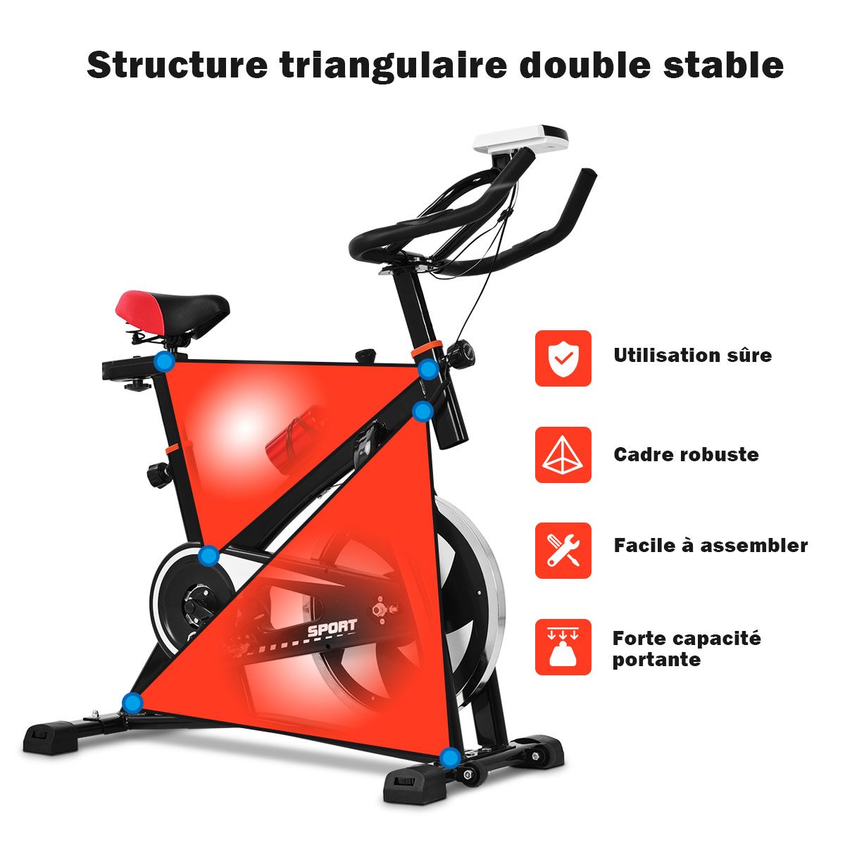 Vélo D’appartement Vélo Silencieux avec Courroie et Roue D’inertie en Fer de 10kg Guidon et Selle Ajustable Noir + Rouge