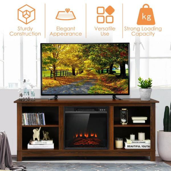 58 in. Fireplace TV Stand with 18 in. 1400-Watt Electric Fireplace 65 in. Walnut (2-Tier)
