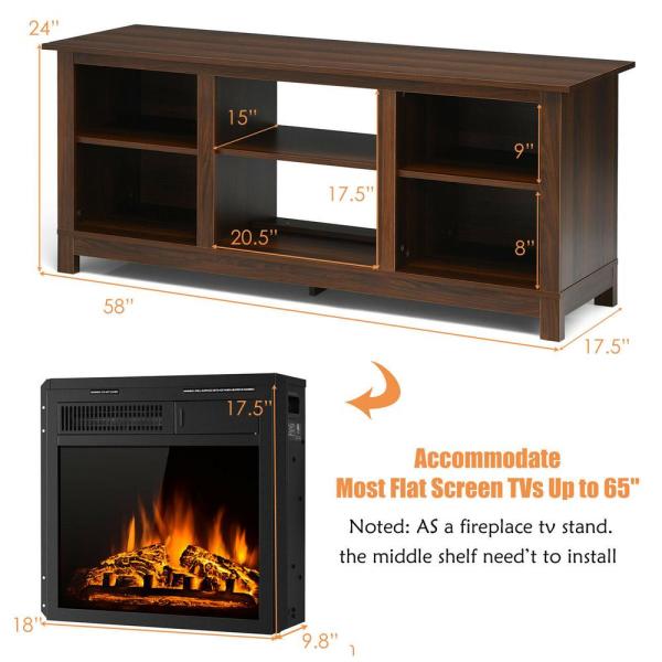 58 in. Fireplace TV Stand with 18 in. 1500-Watt Electric Fireplace 65 in. Walnut (2-Tier)