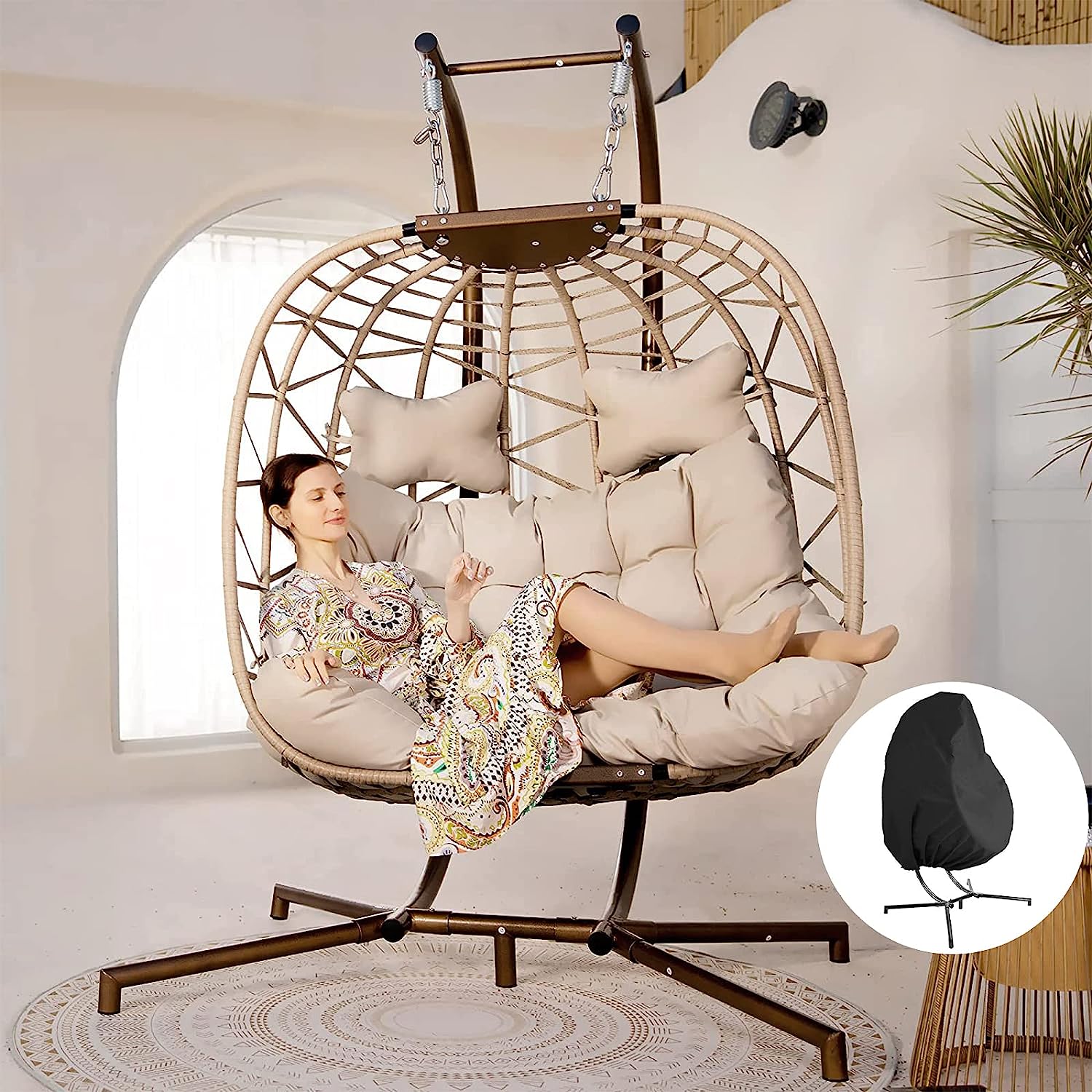 Swing Egg Chair Without Stand Indoor Outdoor Wicker Rattan Patio Basket Hanging Chair with UV Resistant Cushions 265lbs Capaticy for Bedroom Balcony Patio (Without Stand)