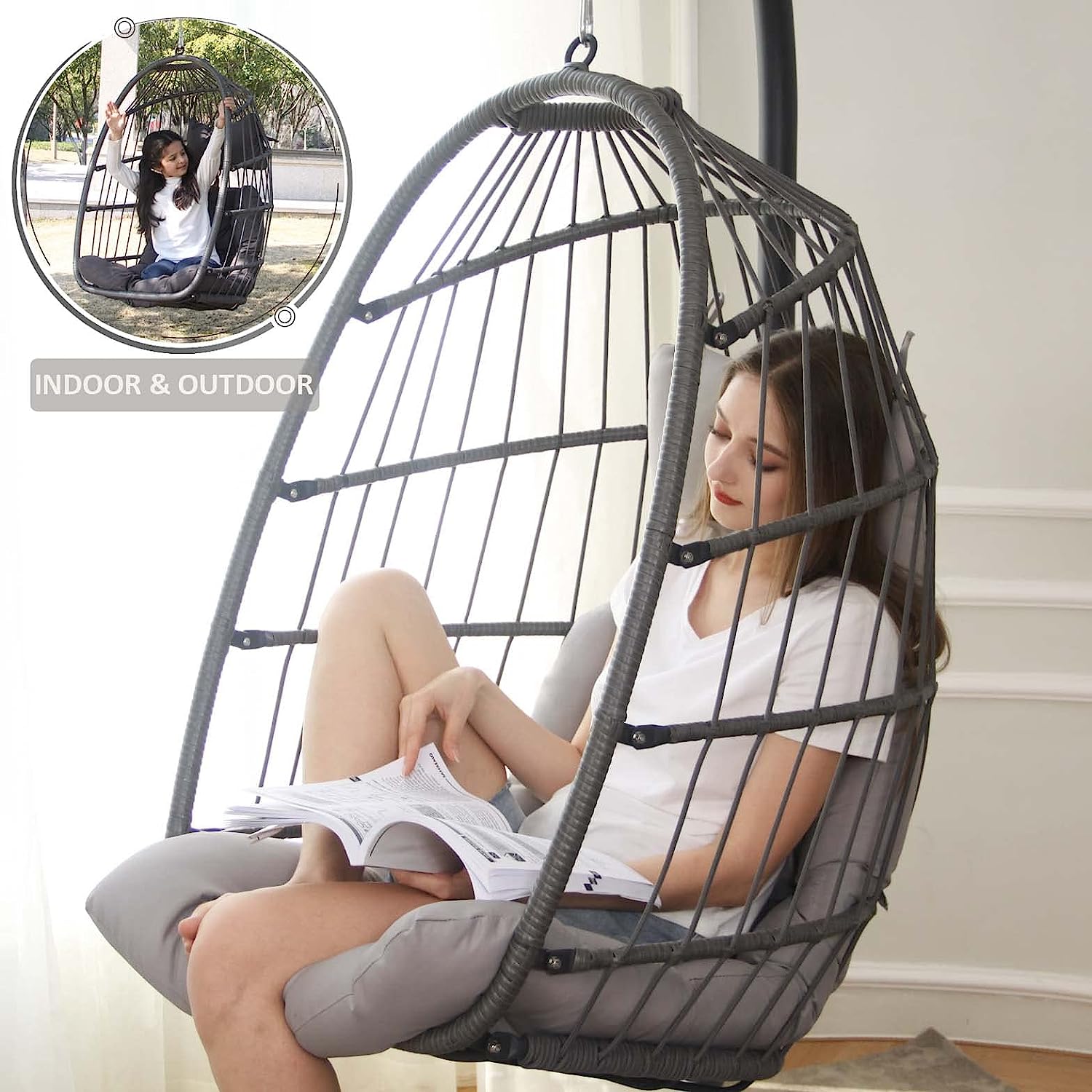 NICESOUL® Indoor Outdoor Patio Wicker Hanging Chair Swing Egg Basket Chairs with Stand UV Resistant Cushions 350lbs Capaticy for Patio Backyard Balcony Xmas Gift