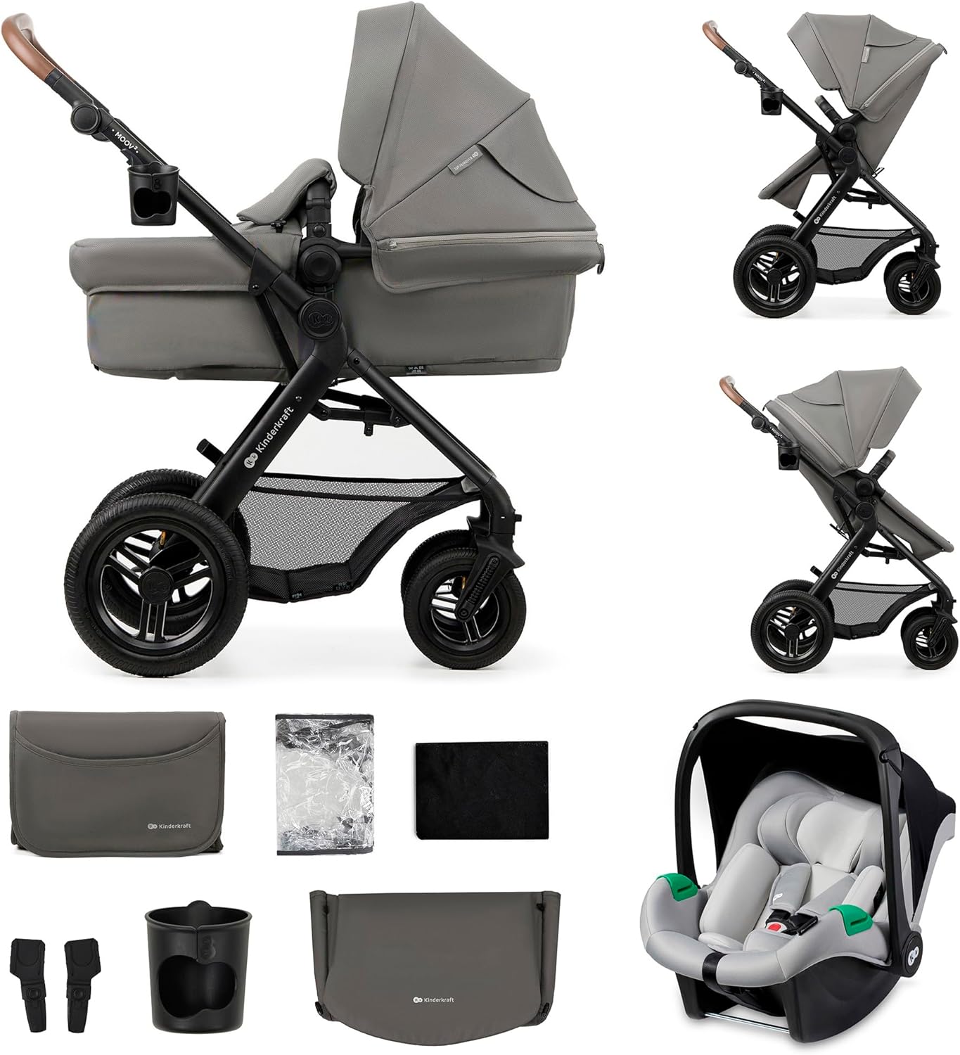 Kinderkraft MOOV2 Poussette 3 en 1, Système de voyage de la naissance à 27 kg, Siège auto Mink PRO I-Size inclus, Capote extensible avec filtre UPF50+, Accessoires pratiques, Gris