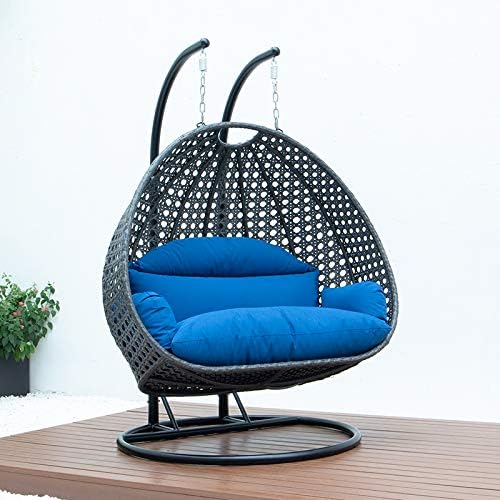 LeisureMod 2 Person Hanging Double Swing Chair, X-Large Wicker Rattan Egg Chair with Stand and Cushion for Indoor Outdoor Patio Garden (Light Green)