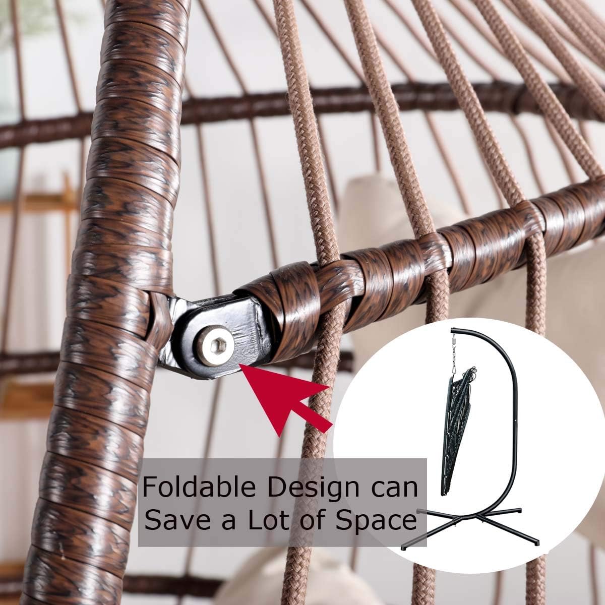 RADIATA Foldable Wicker Rattan Hanging Egg Chair with Stand, Swing Chair with Cushion and Pillow, Lounging Chair for Indoor Outdoor Bedroom Patio Garden (Beige with Stand)