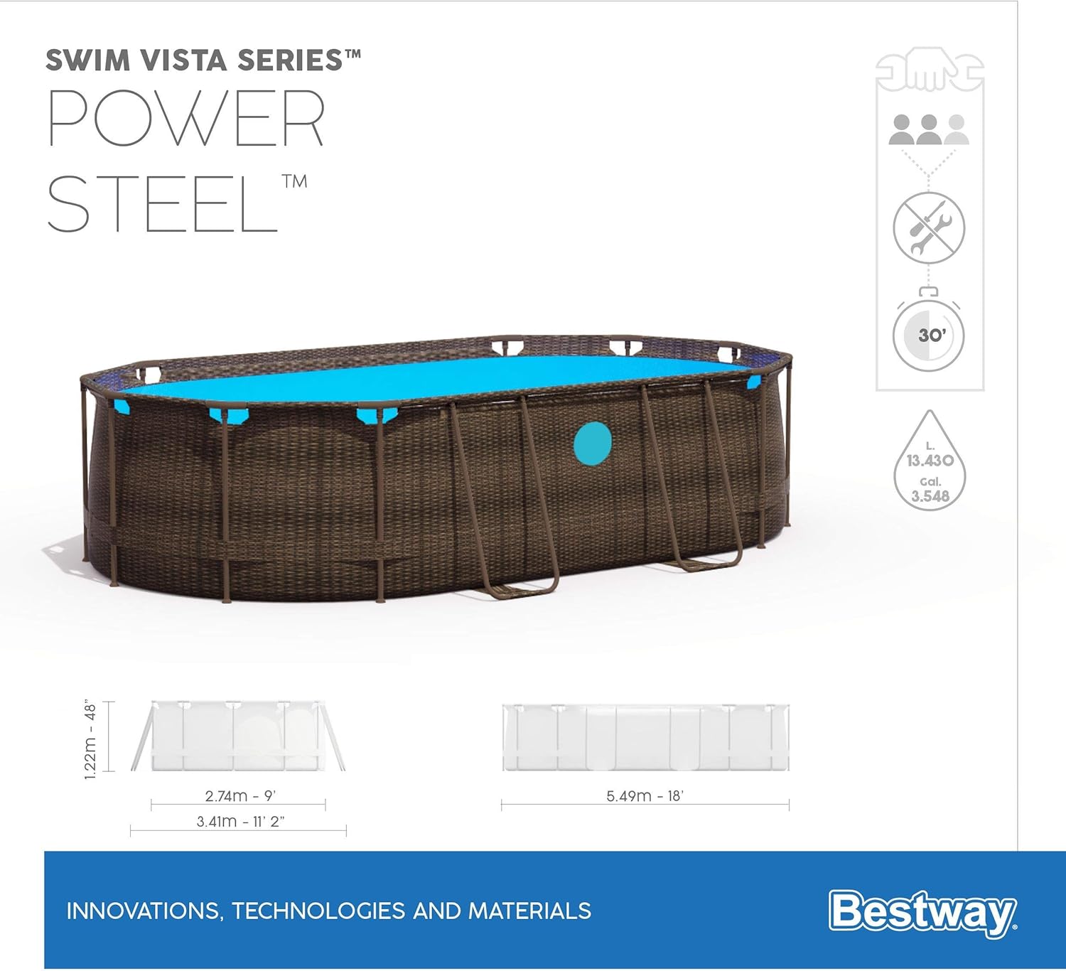 Bestway 56946 Piscine Power Steel™ Swim Vista ovale 488 x 305 x 107 cm motif rotin avec hublots, filtration à sable, échelle, bâche et diffuseur Chemconnect™