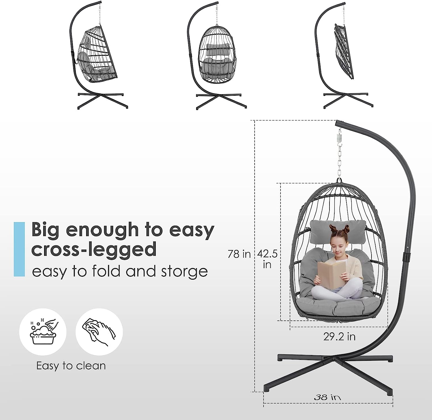 Brafab Swing Egg Chair, Hammock Chair, Hanging Chair, Aluminum Frame and UV Resistant Cushion with Steel Stand, Indoor Outdoor Patio Porch Lounge Bedroom Hand Made Wicker Rattan Chair, 350LBS Capacity