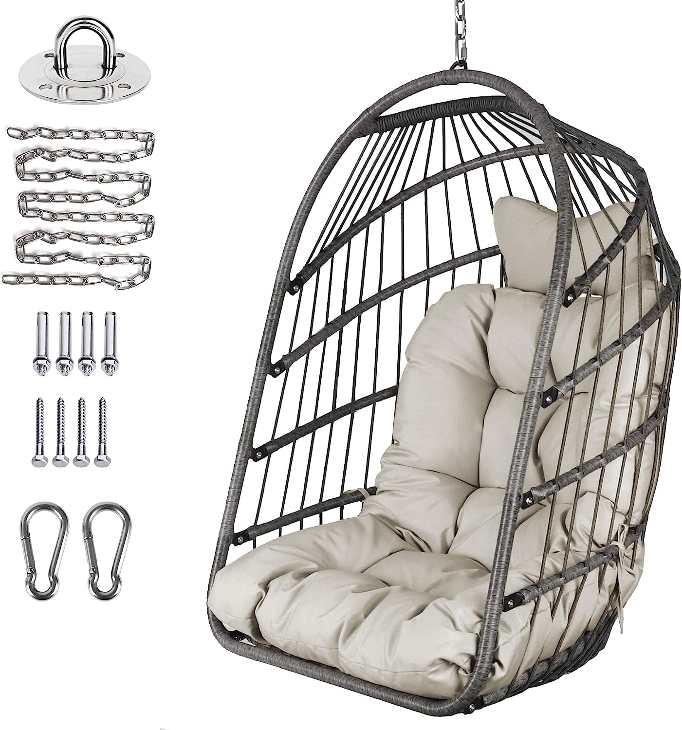 Chihee Egg Chair Foldable Wicker Rattan Hanging Chair Swing Chair Indoor Outdoor Patio Wicker Chair Hammock Chair with Stainless Steel Hanging Kit Chain Link UV Resistant Cushion Bedroom Balcony