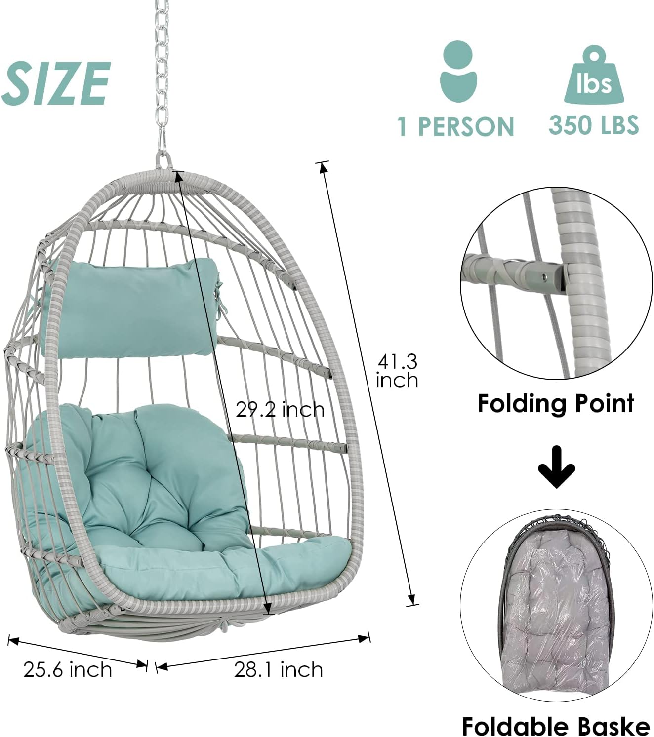 Hanging Egg Chair Without Stand - Foldable Indoor Outdoor Wicker Rattan Swing Egg Chair with Hanging Chain Hammock Chair - UV Resistant Cushions & Aluminum Frame for Bedroom Patio Camping (Grey)