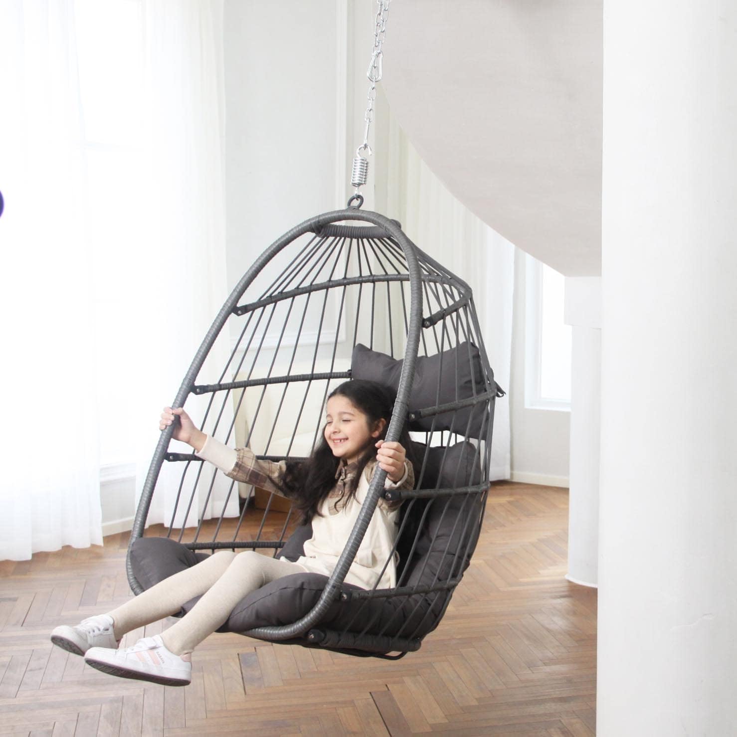 NICESOUL® Indoor Outdoor Patio Wicker Hanging Chair Swing Egg Basket Chairs with Stand UV Resistant Cushions 350lbs Capaticy for Patio Backyard Balcony Xmas Gift