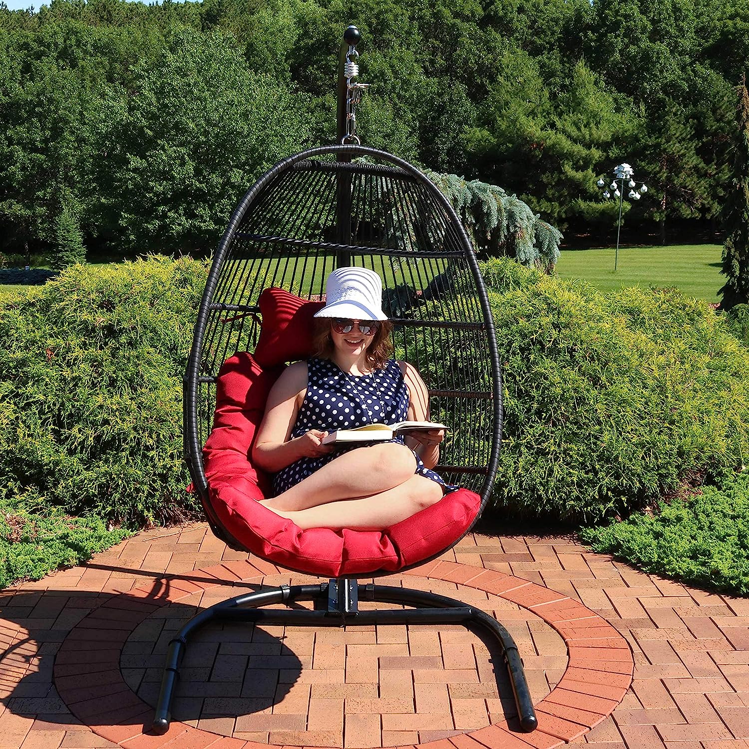 Sunnydaze Julia Hanging Egg Chair with Stand and Red Cushions - Comfy Collapsible Outdoor Egg Chair Swing with Stand - Black Polyethylene Wicker Rattan Frame with Steel Stand - 76 Inches Tall