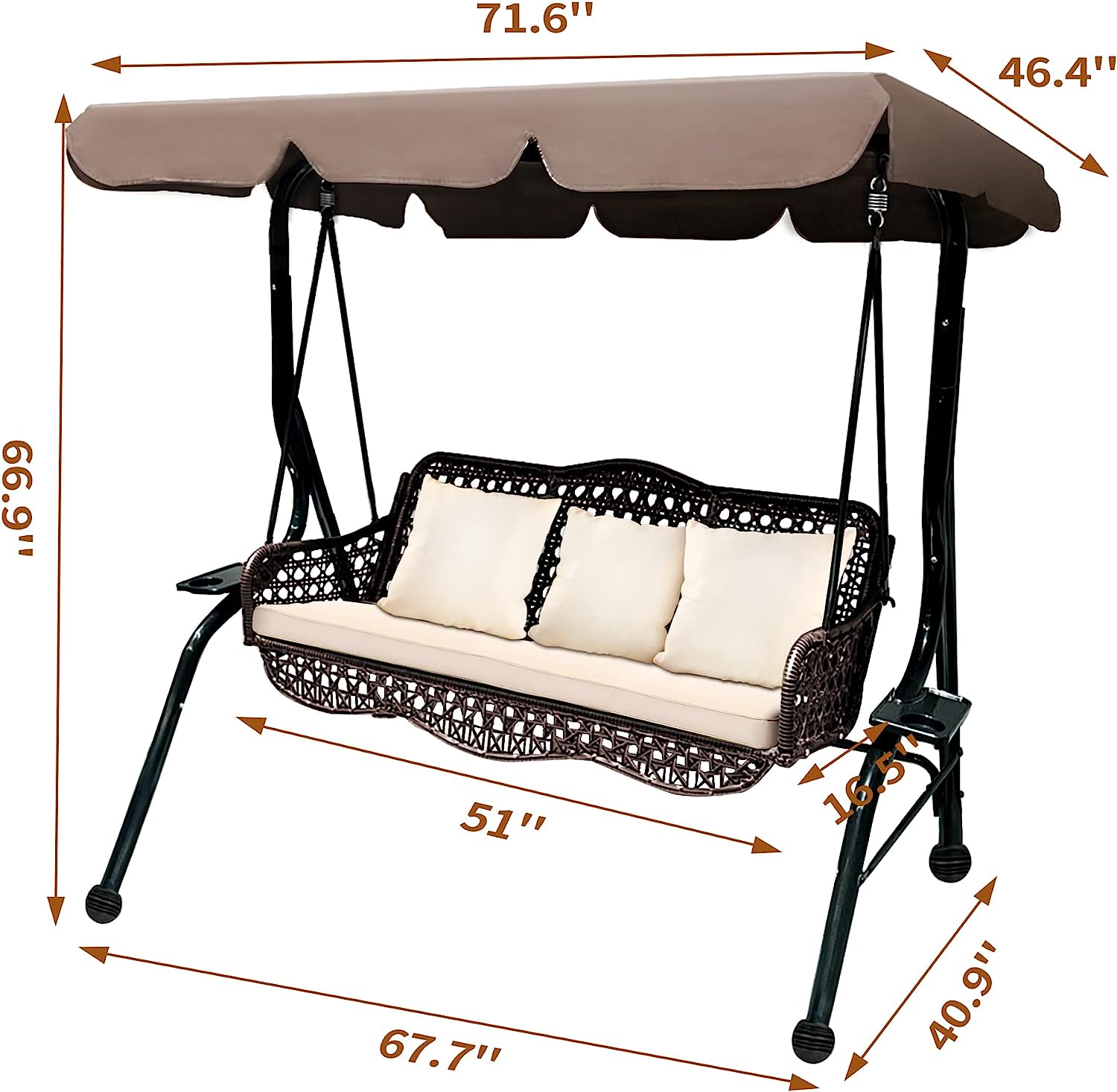 J.M.Deco 3 Seat Porch Swing, Outdoor Swing with Canopy Adjustable, 3 Pillows & 2 Side Trays, Wicker Patio Swing Chair for Balcony, Garden, Poolside, Backyard (Brown)