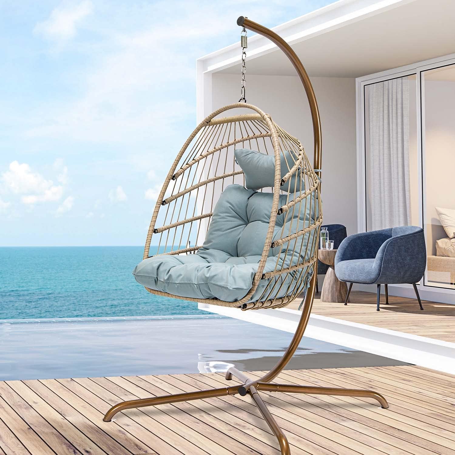 Swing Egg Chair Without Stand Indoor Outdoor Wicker Rattan Patio Basket Hanging Chair with UV Resistant Cushions 265lbs Capaticy for Bedroom Balcony Patio (Without Stand)