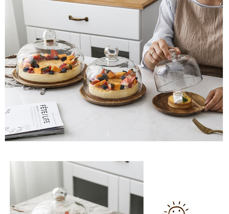 Wood Cake Stand with Glass Dome Revolving Cake Decorating Stand Dessert Display