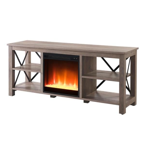 Sawyer 58 in. Gray Oak TV Stand Fits TV's up to 65 in. with Crystal Fireplace Insert
