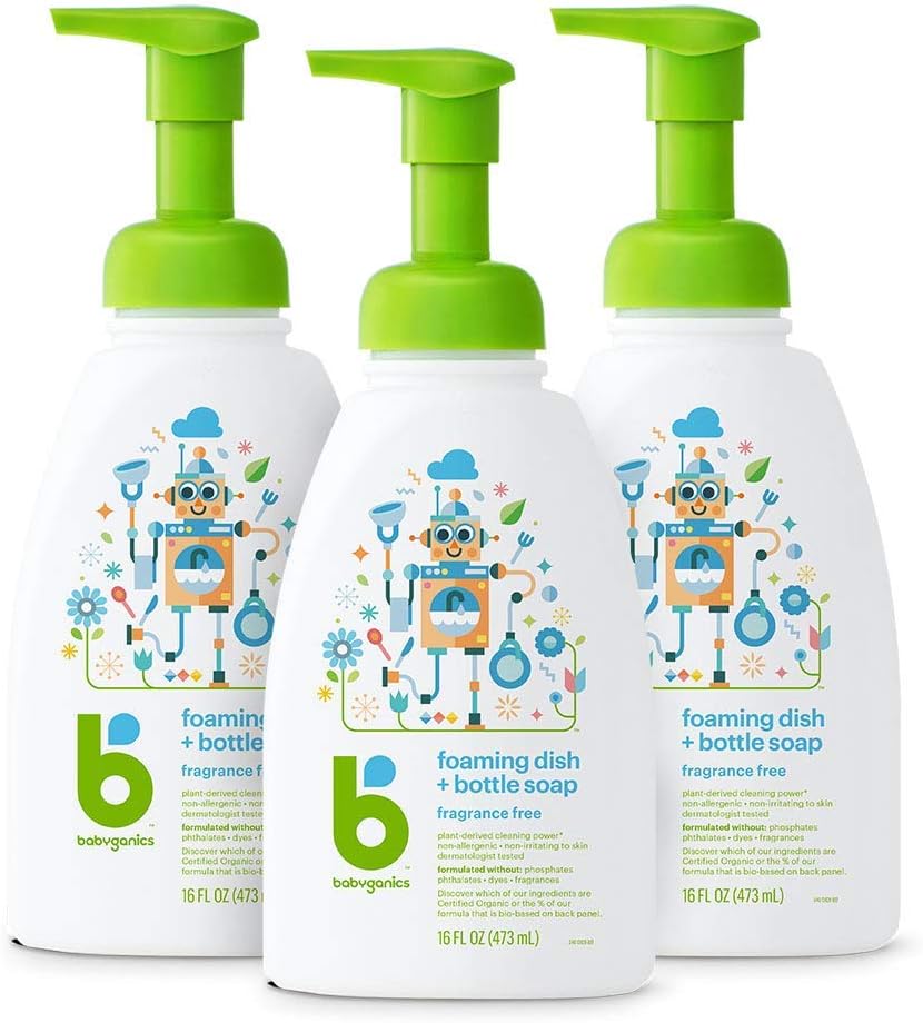 Babyganics Foaming Dish & Bottle Soap, Pump Bottle, Fragrance Free, Plant-Derived Cleaning Power, Removes Dried Milk, 16 Fl Oz, (Pack of 3), Packaging May Vary
