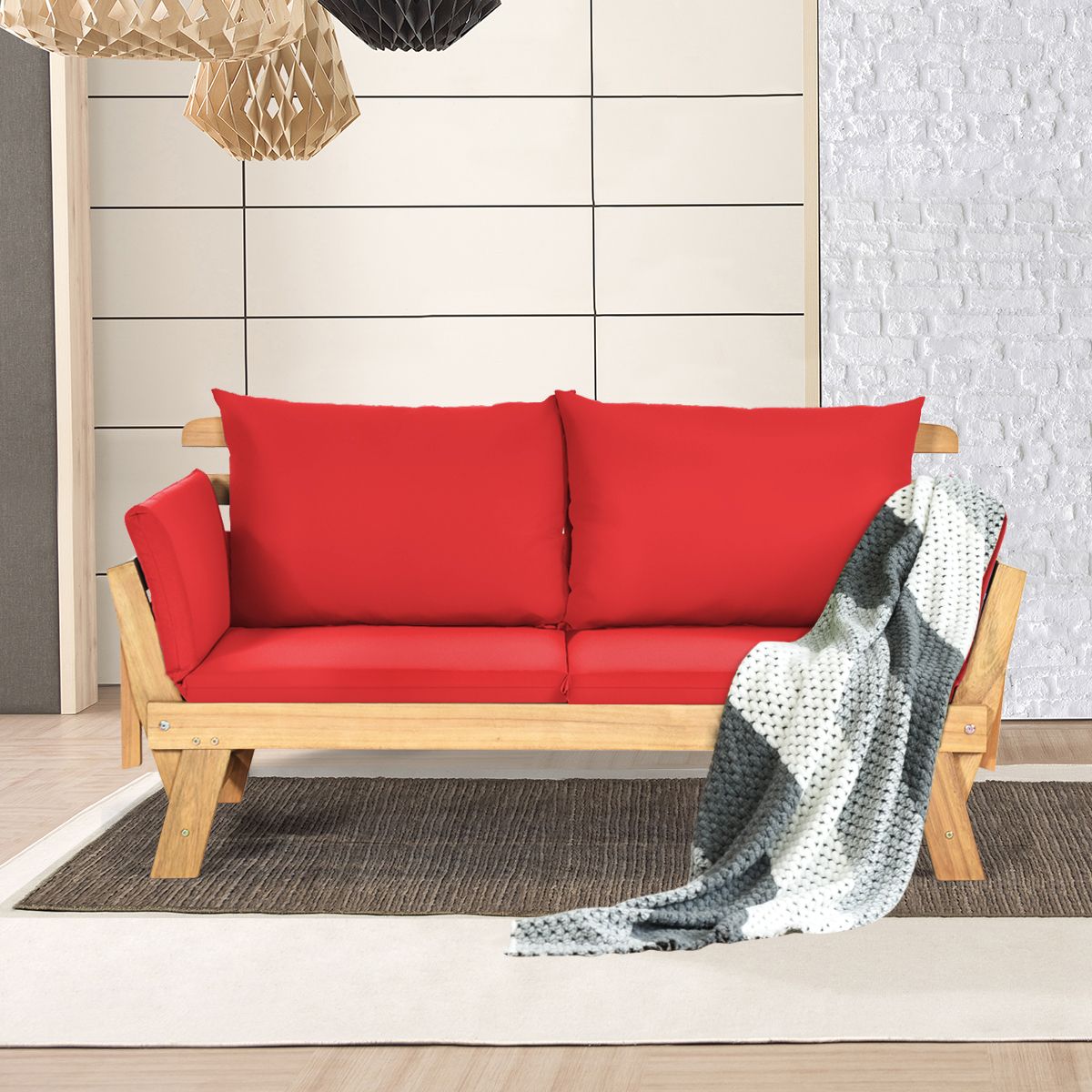Chaise Longue Convertible avec Coussin Canapé de Jardin 2 en 1 en Bois d’Acacia avec Accoudoir Réglable pour Patio Piscine Jardin Blanc/Gris/Bleu/Rouge