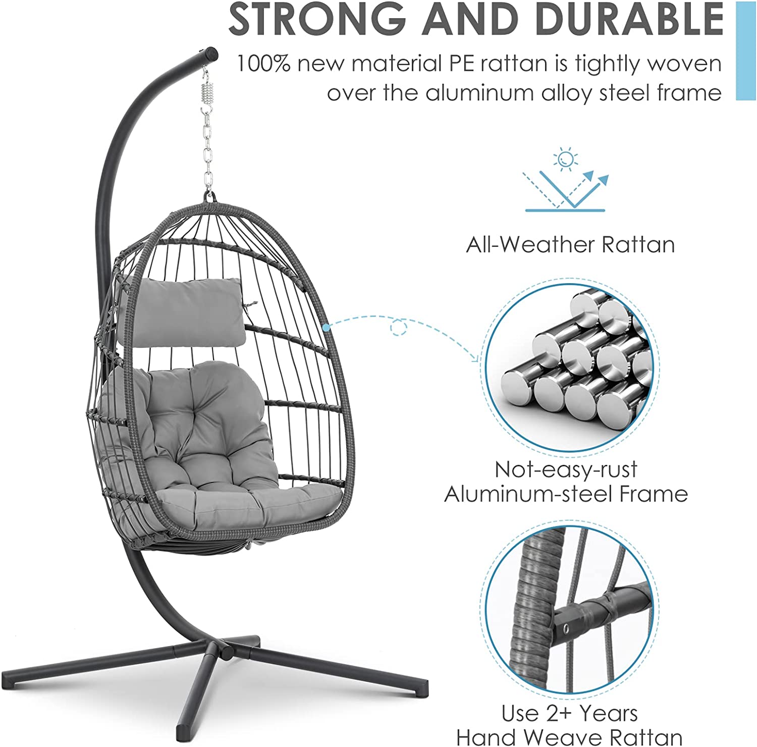 Brafab Swing Egg Chair, Hammock Chair, Hanging Chair, Aluminum Frame and UV Resistant Cushion with Steel Stand, Indoor Outdoor Patio Porch Lounge Bedroom Hand Made Wicker Rattan Chair, 350LBS Capacity