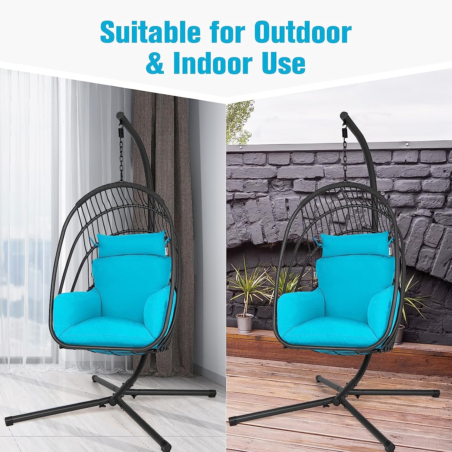 Giantex Egg Chair Hammock Stand - Hanging Swing with Stand, Folding Swinging Chair with Soft Cushion & Pillow, Wicker Rattan Hanging Chair for Bedroom,Garden, Patio Foldable Hammock Chair (Turquoise)