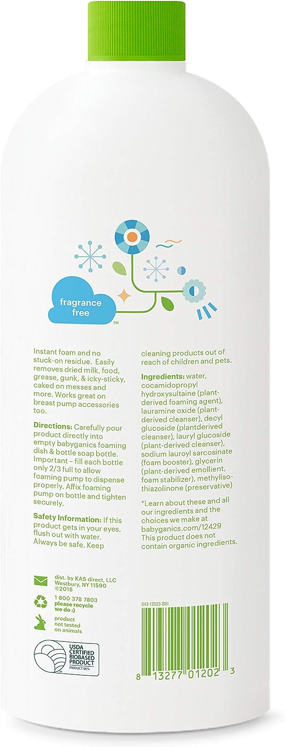 Babyganics Foaming Dish & Bottle Soap, Pump Bottle, Fragrance Free, Plant-Derived Cleaning Power, Removes Dried Milk, 16 Fl Oz, (Pack of 3), Packaging May Vary